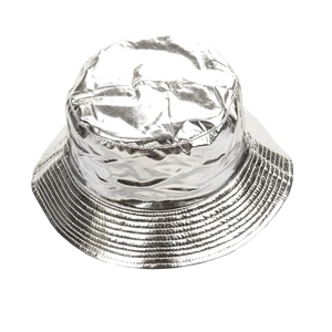 Detailed view of silver metallic textured bucket hat with reflective surface and stitching