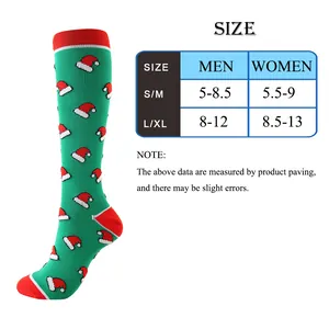 Size guide for Christmas compression socks showing S/M and L/XL measurements for men and women