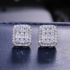 Elegant silver square cluster earrings with rectangular cubic zirconia and pave stones