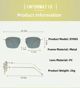 Detailed specs of DY005 square metal sunglasses featuring grey PC lenses and golden frame
