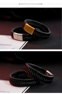 Detail of woven leather bracelet with matte gold and silver magnetic clasps for men