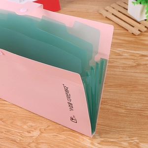 Détail du trieur extensible rose avec pochettes intérieures multicouches vertes