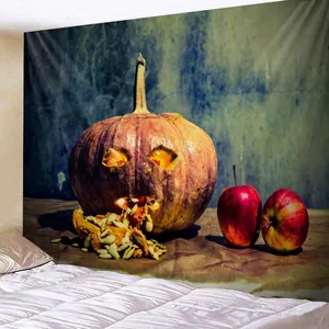 Halloween tapestry with carved pumpkins and red apples on a bedroom wall background