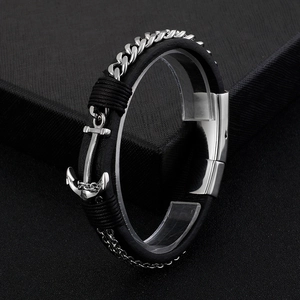 Men's stainless steel leather bracelet with anchor motif and Cuban chain detail