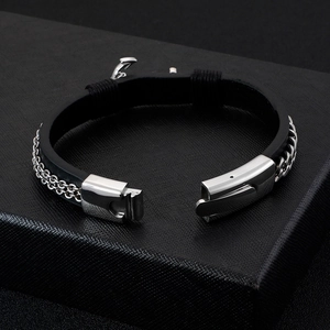 Men's black silicone bracelet with silver stainless steel clasp and side chains