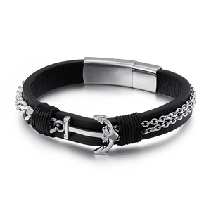 Men Braided Leather Bracelet With Stainless Steel Anchor Charm And Cuban Chain Nautical Punk Style Magnetic Clasp