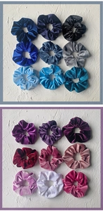 Macro display of velvet scrunchies in 18 colors including blue, purple, and red tones