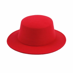 Classic red flat top wool felt boater hat with wide brim for men and women