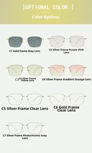 Detail view of square metal sunglasses in multiple frame colors and lens tints