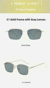 Detail of square gold metal sunglasses with gray lenses showing front and 45-degree angle