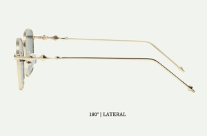 Lateral 180-degree view of gold metal frame sunglasses with geometric temple design