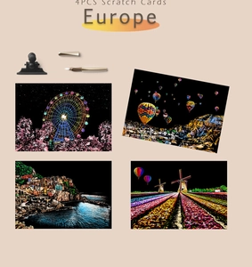 Set mit 4 Kratzbildern mit Europa-Motiven inklusive Kratzstift und Clip für Stadtansichten