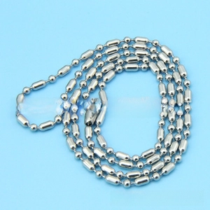 Detail of silver stainless steel cylinder bead chain with industrial connector clasp