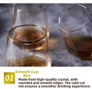 Close-up of hexagonal crystal glass featuring a round gold rim and smooth cold-cut edge