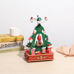 Boîte à musique rotative en bois sapin de Noël aux couleurs festives rouge et vert