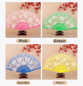 Lace folding fan detail featuring rose patterns in pink, green, blue and yellow colors