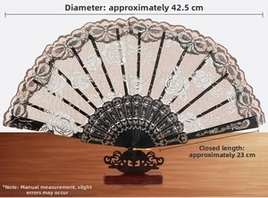 Detailed view of rose lace folding fan with dimensions 42.5cm diameter and 23cm length