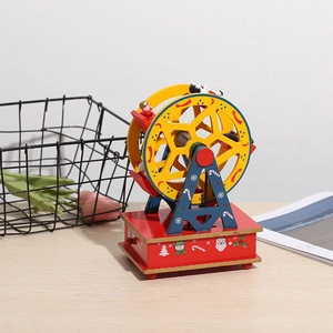Boîte à musique de Noël en bois faite main avec base rouge et design de grande roue jaune