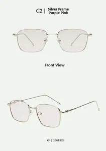 Detail of silver metal frame sunglasses with purple pink lenses from multiple angles