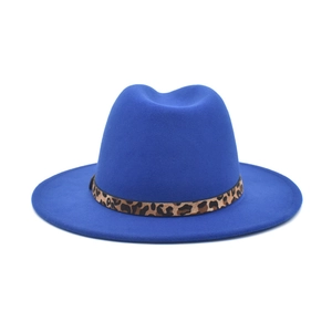 Classic royal blue wool fedora hat with leopard print belt accessory on white background