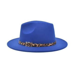 Royal blue wool fedora hat with leopard print band and golden buckle for women