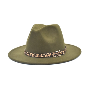 Detail of olive green fedora with leopard print belt and gold buckle accent