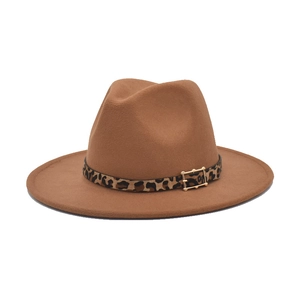 Vintage Wool Felt Fedora Hat Wide Brim With Leopard Print Belt Gold Buckle Winter Warm Jazz Cap For Women Men