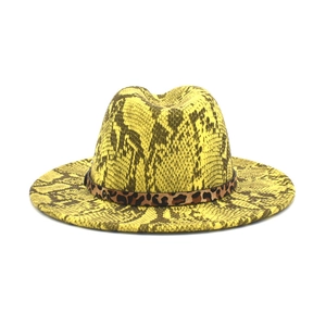 Yellow snakeskin wool fedora hat with leopard print band and wide flat brim for men