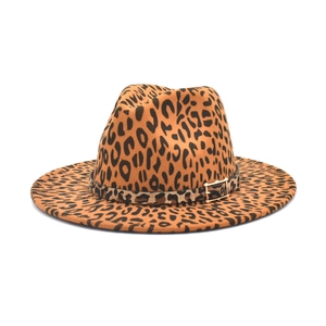 Classic leopard print wide brim felt fedora hat featuring a gold buckle decorative band
