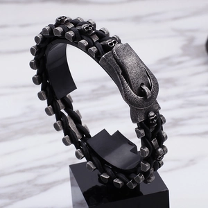 Bracelet Homme En Cuir Tressé Punk Vintage Avec Têtes De Mort En Acier Inoxydable 316L Bijoux Gothique
