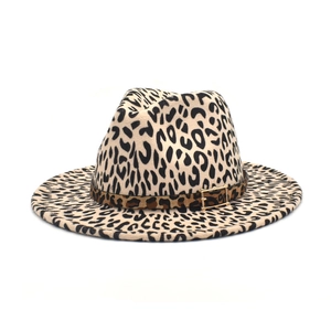 Classic leopard print wool fedora hat with wide brim and decorative buckle band