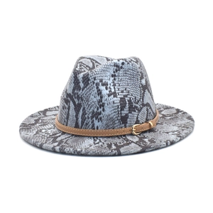 Detail view of grey snakeskin pattern wool fedora with brown leather band and gold buckle