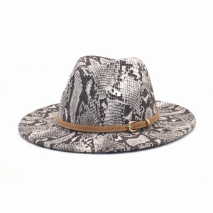 Detailed top view of wool jazz fedora featuring exotic snakeskin print and brown leather band