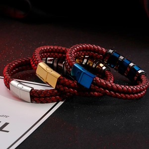 Men's double-layered red braided leather bracelet with gold, silver, and blue steel clasps