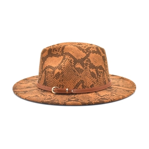 Women's orange snakeskin wool fedora hat with brown leather belt and gold buckle