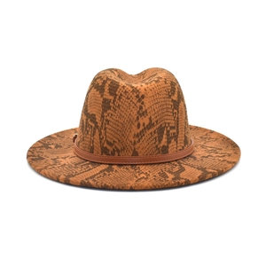 Women's wide brim wool fedora hat with brown snakeskin print and leather band decoration