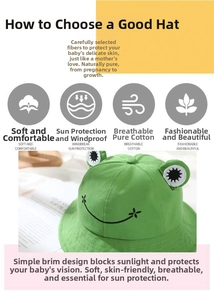 Detail of baby green cotton bucket hat with cute frog eyes and embroidered smile