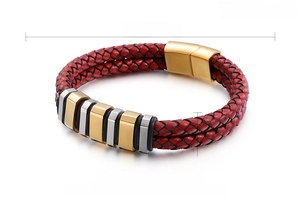 Detail of red braided leather bracelet with 316L stainless steel gold magnetic clasp