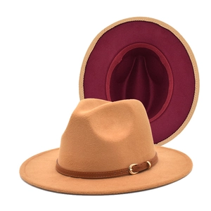 Two-tone wool felt fedora in khaki and burgundy with a brown leather belt and gold buckle