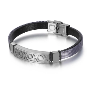 Bracciale da uomo in pelle intrecciata viola con piastra geometrica in acciaio inossidabile