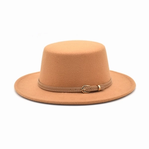 Flat top camel wool felt boater hat with thin leather belt and gold buckle accent