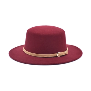 Classic burgundy flat top wool fedora hat with khaki leather belt and metal buckle