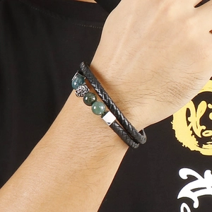 Men's double-layer punk bracelet with black leather chain and green natural stone beads