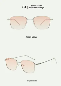 Front and 45-degree angle of silver metal square sunglasses with orange gradient lenses