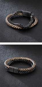 Detail of men's leather and steel bracelet featuring a matte black magnetic clasp close-up