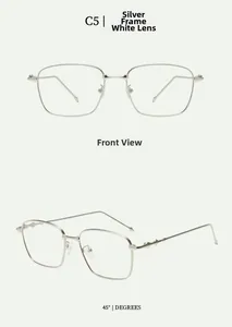 Detailed view of silver metal square glasses frame with unique wavy temple design