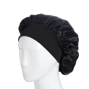 Elastic wide-band black silk sleep cap for hair care and chemotherapy comfort
