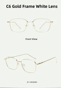 Close-up of golden metal square glasses with clear lenses and slim frame detail