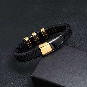 Men's braided leather bracelet with two-tone magnetic clasp and premium gift box