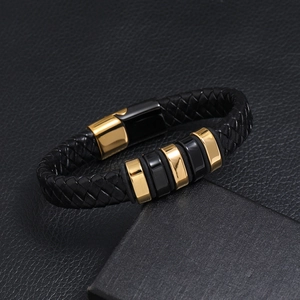 Braided black leather bracelet for men with gold and black steel magnetic clasp